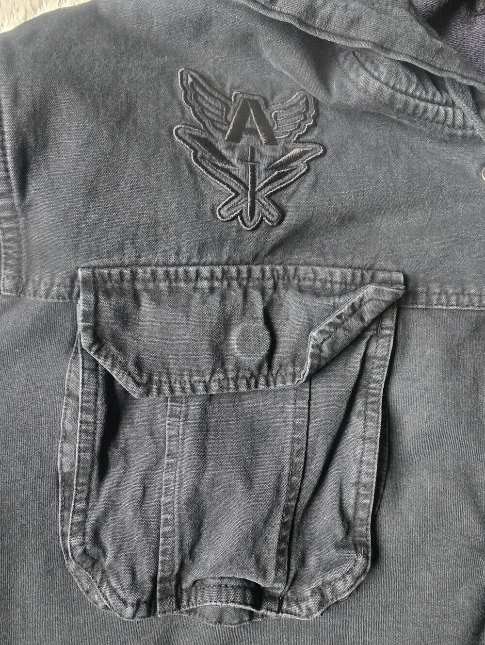 RARE VTG Affliction hybrid hooded denim jacket Mens 2X Full-zip, Black, Y2K - Picture 15 of 16